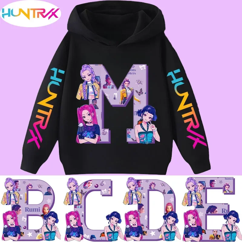 Kpop Demon Hunters Sudadera con capucha para niños con letras A-Z para niñas, camisa informal para niños, manga larga para otoño/invierno