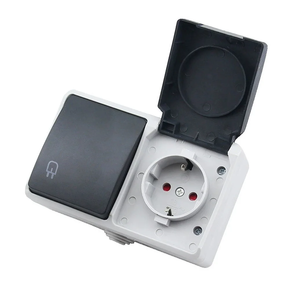 Black PP IP44 Waterproof 2 Way For Surface Mounted Outdoor Socket 16A 250V For Garden Terrace Wall Electrical Receptacle