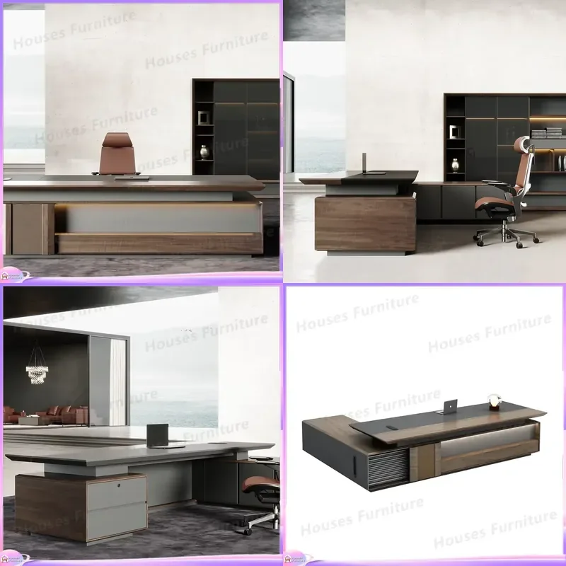 Luxury Executive Desk Solid Wood Office Furniture Brown CEO Manager Boss Table Large Computer Workstation Modern Business