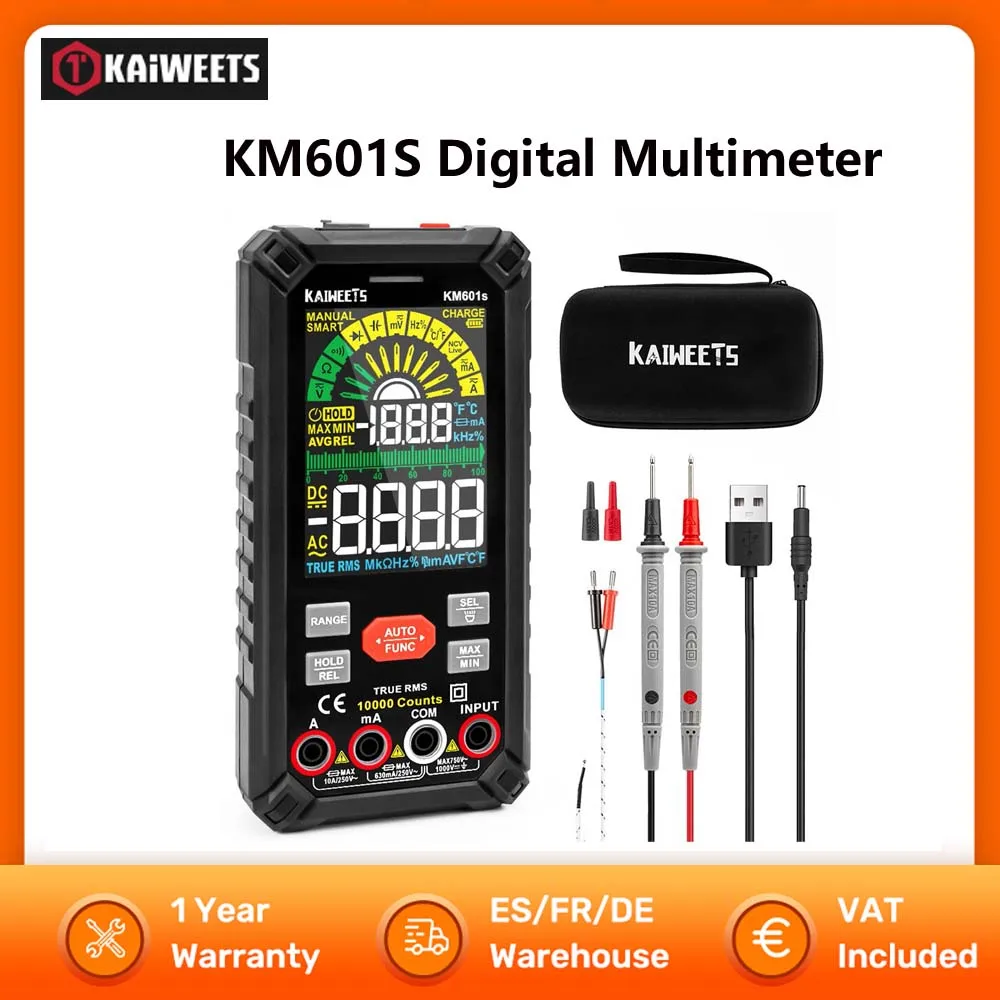 KAIWEETS KM601S multimètre numérique 10000 points True-RMS mètre Mode intelligent Mode manuel lampe de poche fonctions multiples sécurité
