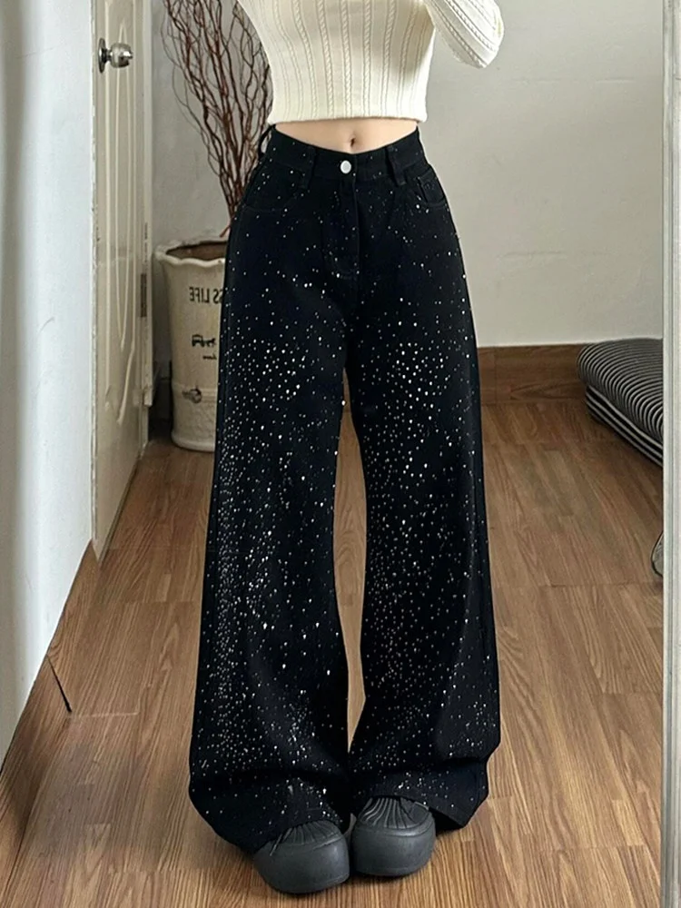 

American Retro Spliced Denim Pants Women's Spring Slimming Versatile Starry Diamond Floor-Length Pants Sexy Design