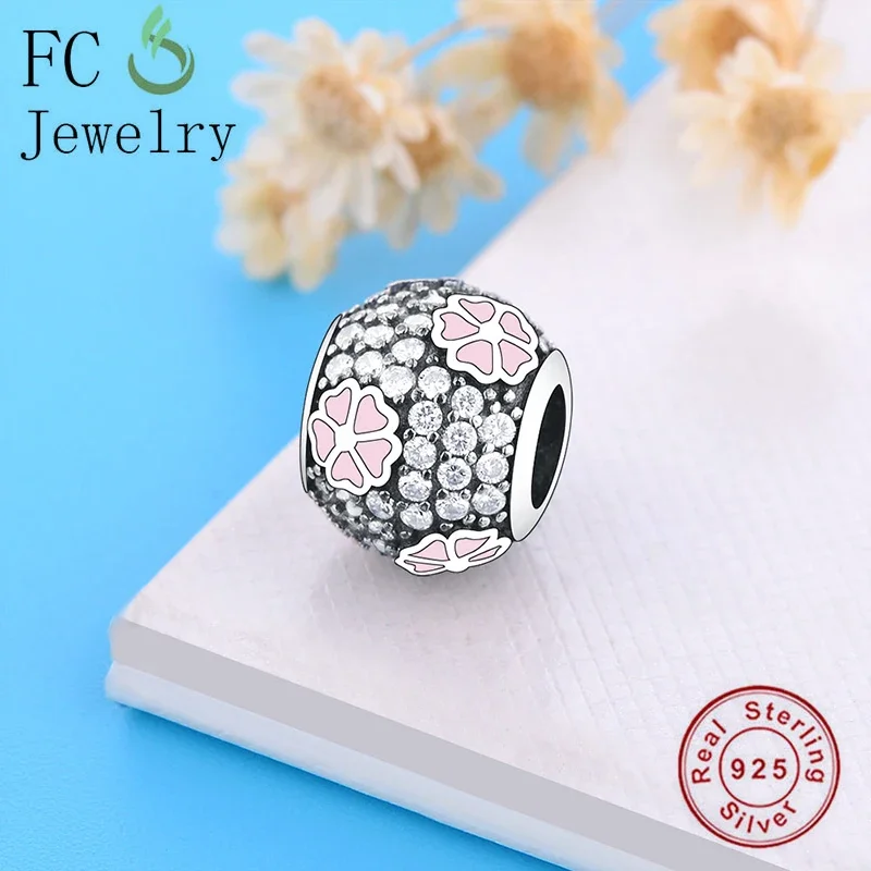 FC Jewelry Fit Original Charms Bracelet 925 Sterling Silver Pink Enamel Daisy Flower Pave Zircon Bead For Making Women Berloque