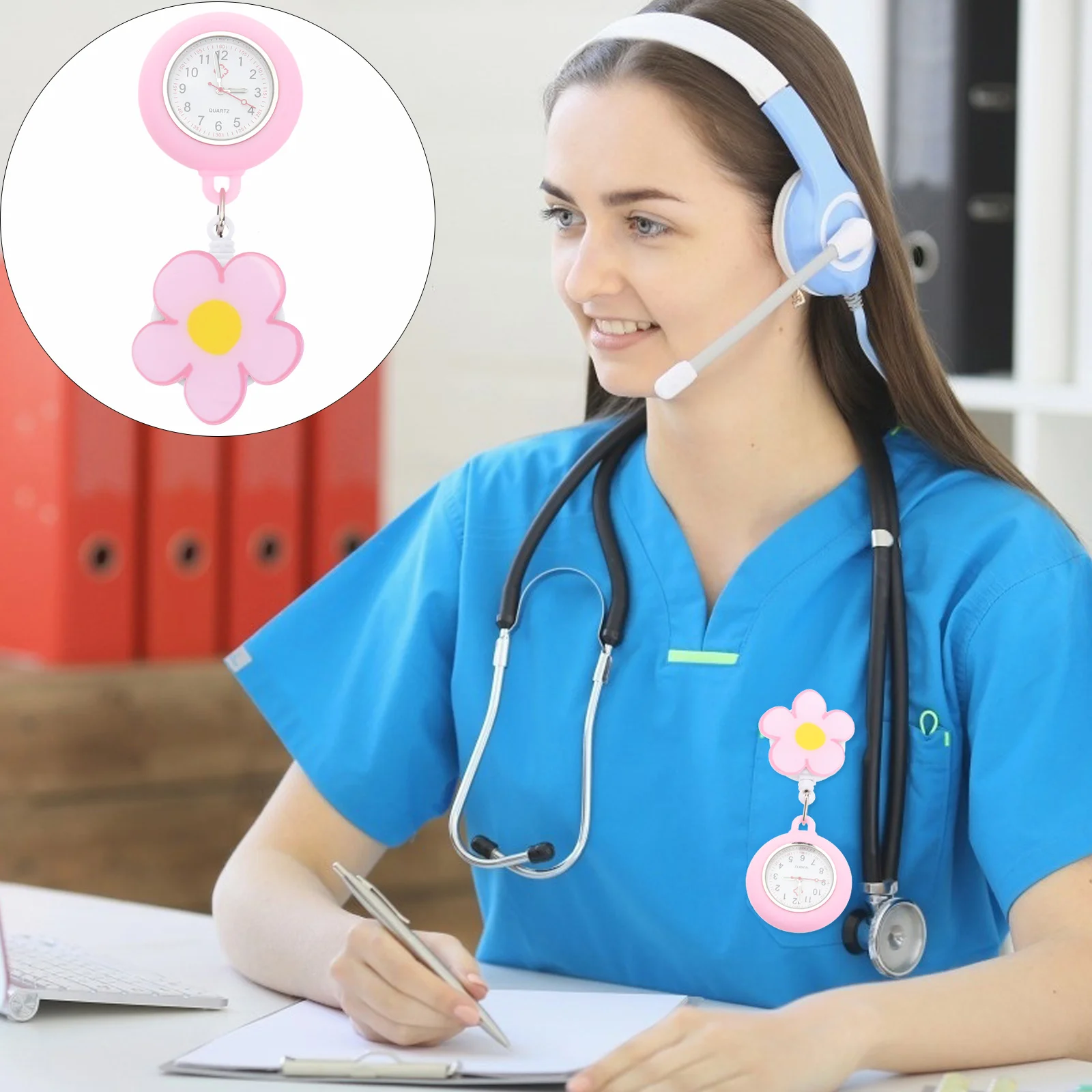 

Cartoon Pattern Luminous Nurse Watch Clip-on Style Large Dial Easy to Wash Silicone Cover Portable Watch for Medical Use