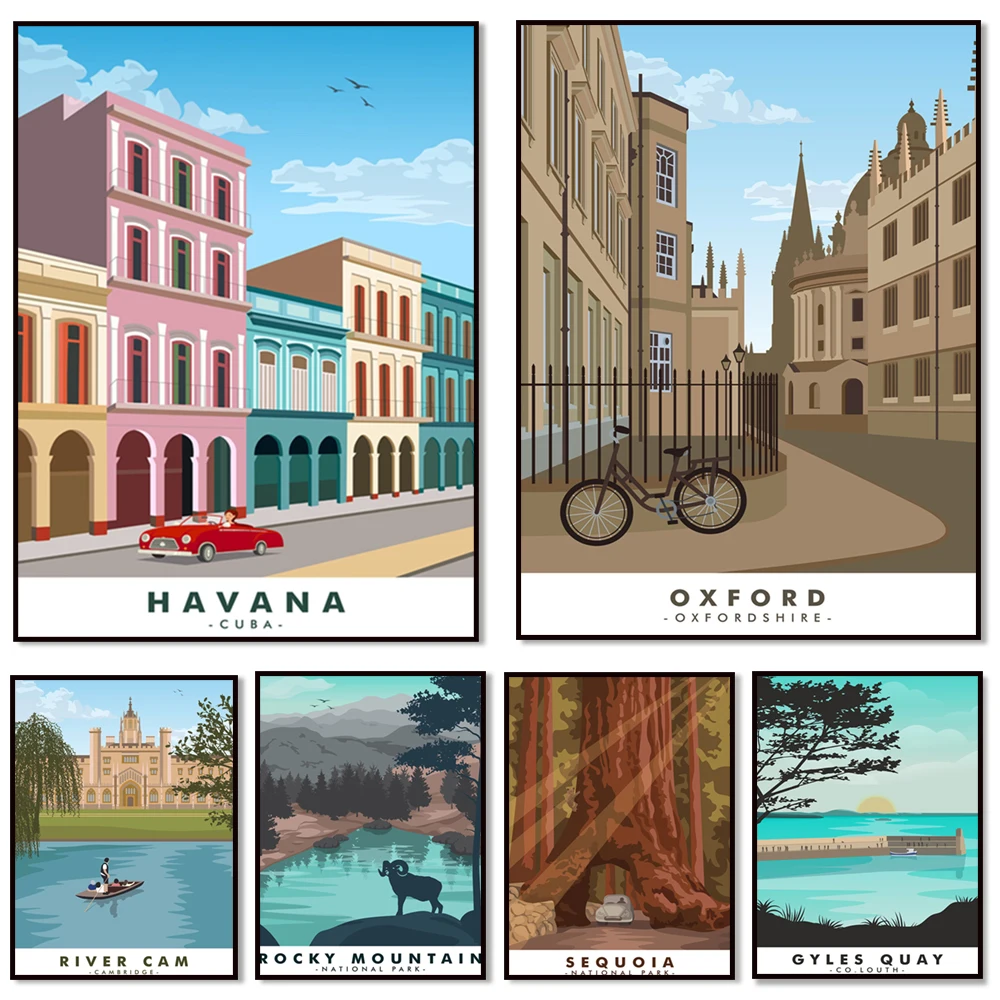 Travel posters for Cambridge University City, Havana, Cuba, Rocky Mountains, Lake Tahoe, Florida Rock Springs, Central National