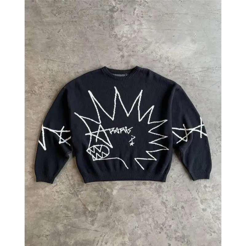 

Ins trendy hip-hop street jacquard round neck sweater loose knit pullover