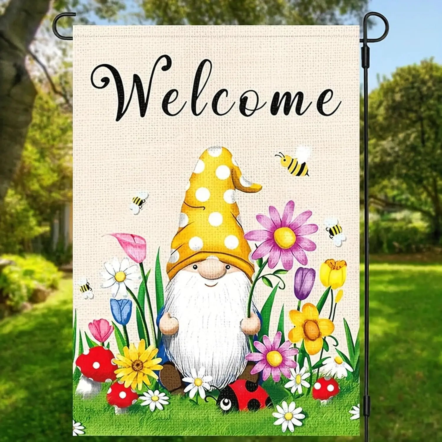 Spring Welcome Gnome Garden Flag 12 x 18 inch Double Sided Outside decorations,Flower Butterfly Small Garden Flags For Outdo WWP
