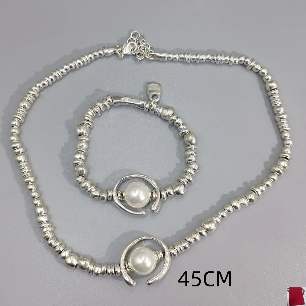 2026 Spanish French Fairy Style Silver Half Moon Pearl Bracelet Necklace Jewelry Set Surprise Gift