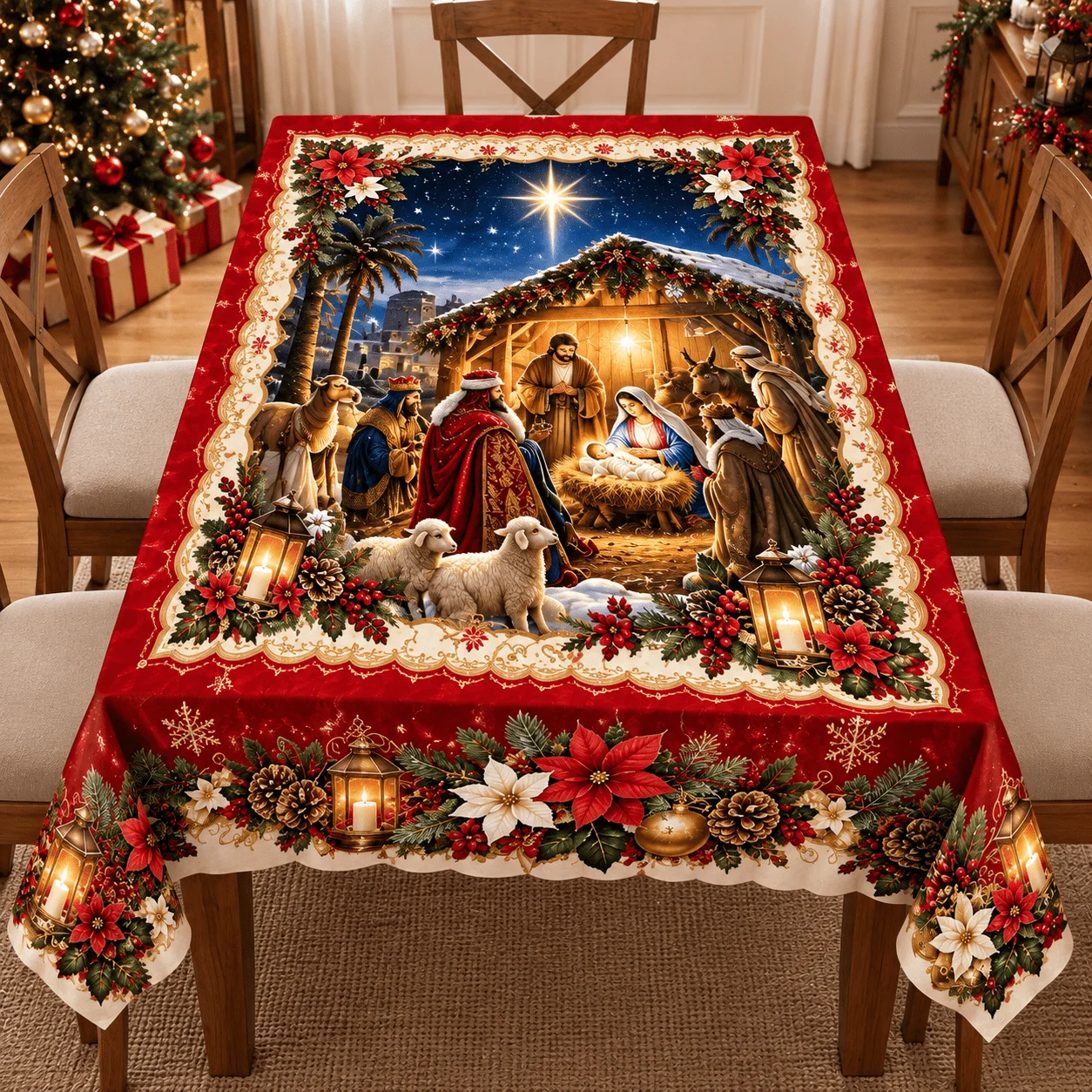 1 square tablecloth, Christmas nativity theme printed tablecloth, polyester material, red holiday atmosphere