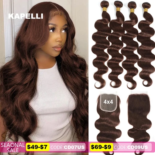 Imagen 1 del producto Paquetes de Cabello Humano 15A con Cierre 4x4 13x4 HD Lace Marrón Ondulado, Extensiones de Cabello Humano Remy 100% Natural