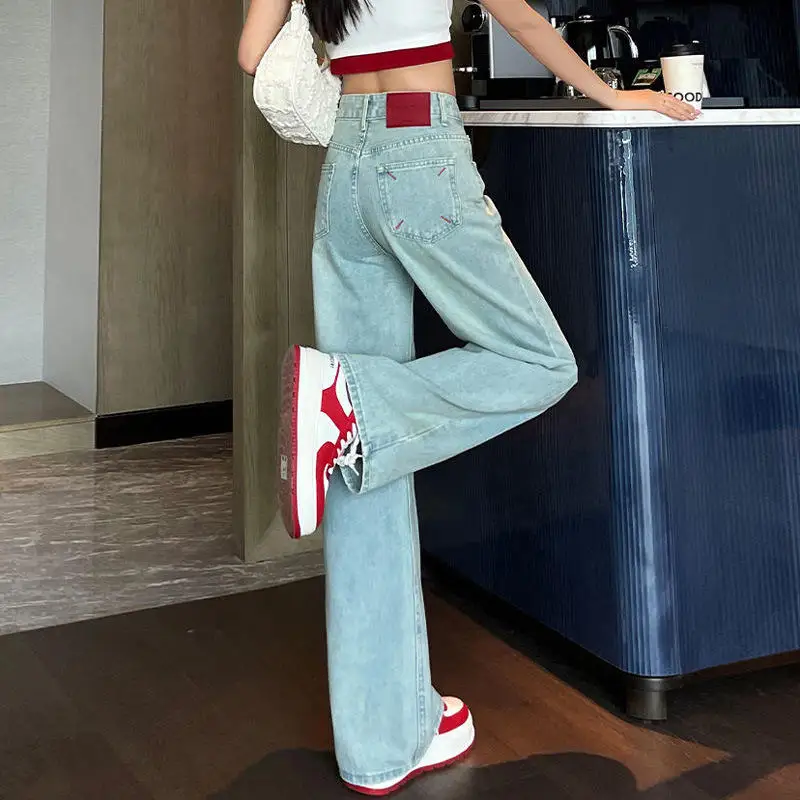 

High Waist Straight Leg Denim Jeans Women's Spring Summer Red Label Contrast Design Embroidery Loose Floor-Length Wide Leg Pants