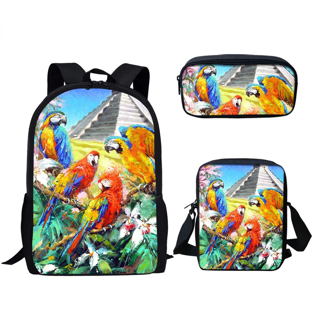 Cool Parrot Floral Bird Pattern 3pcs/Set Backpack 3D Print School Student Bookbag Laptop Daypack Shoulder Bag Pencil Case