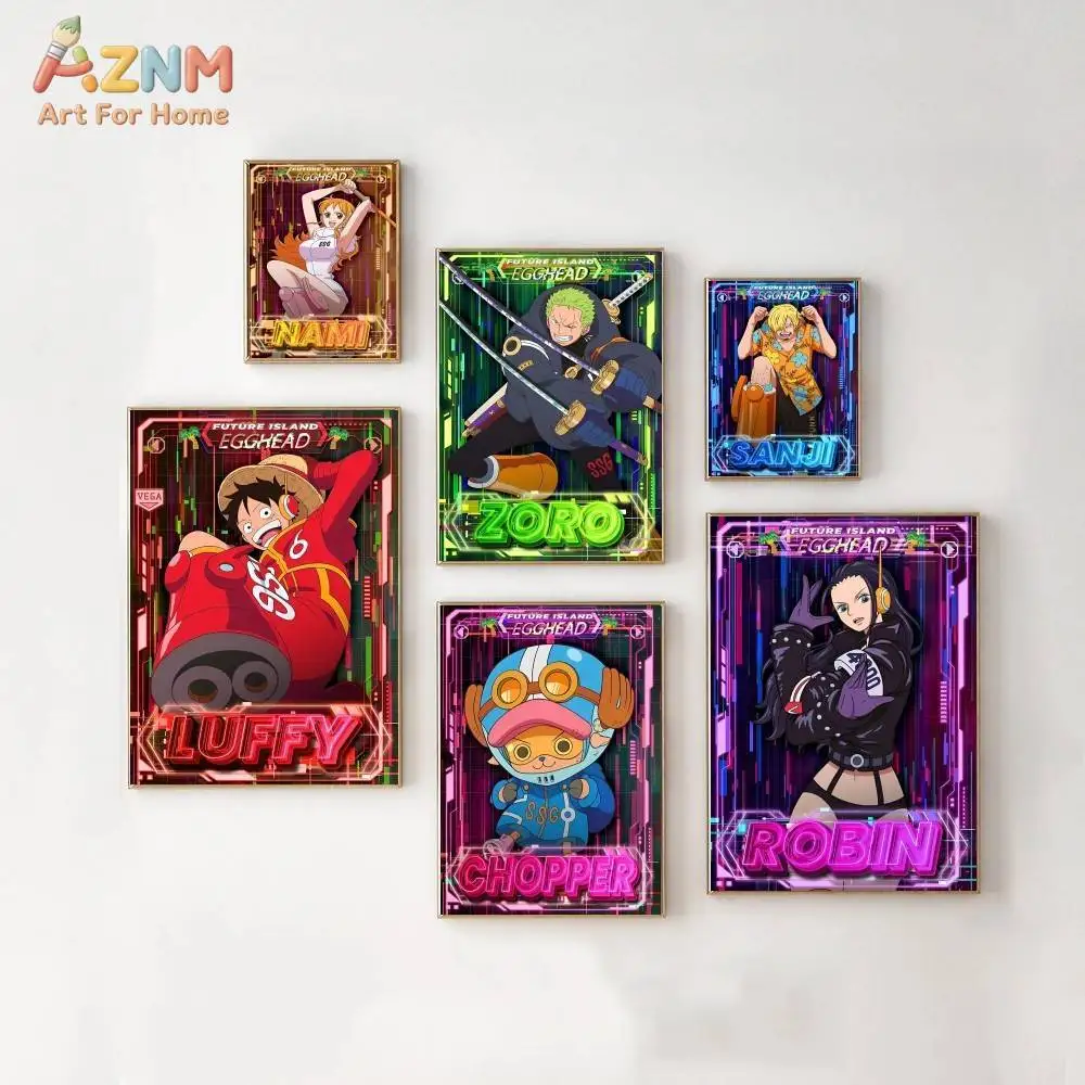 AZNM One Piece Egghead Island Neon Tech Style Anime Canvas Wall Art Luffy Zoro Nami Sanji Robin Chopper Character Print Unframed