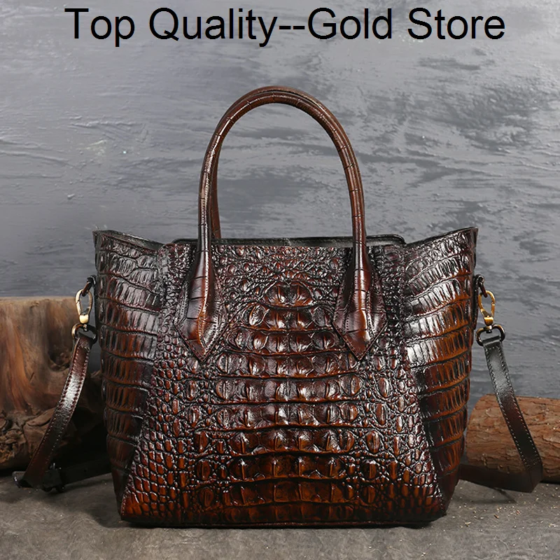 

Women Oil Wax Genuine Leather Shoulder Top Handle Bag Crocodile Pattern Luxury Ladies Messenger Cowhide Cross Body Tote Handbag