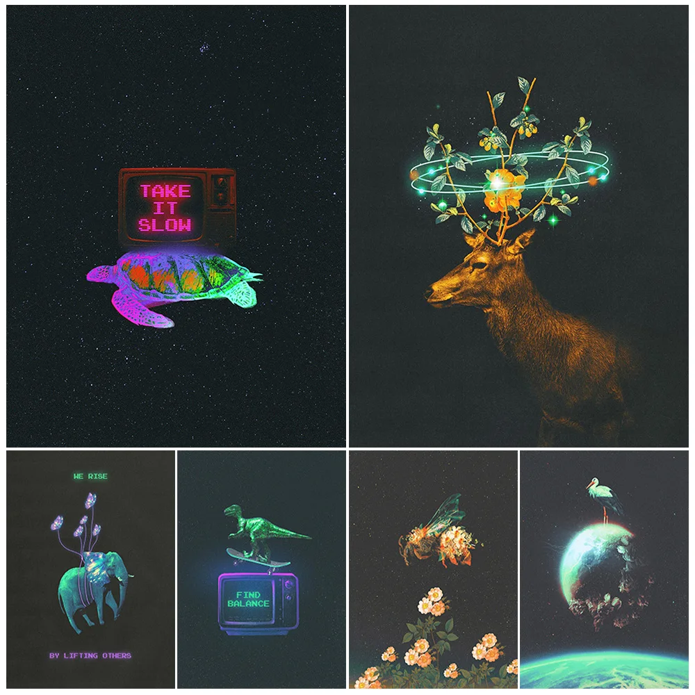 

Turtle,Butterfly Item,Tv Bunny,Skateboard Dinosaur Abstract Wall Art Canvas Painting Surreal Animal Fantasy Art Poster Print