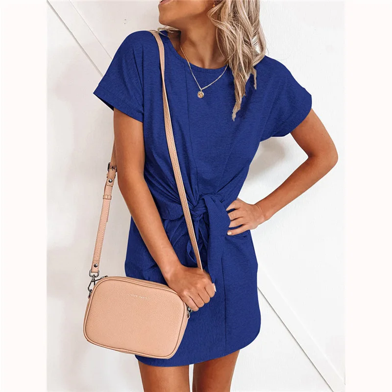 Zomer Korte Mouwen Jurk Effen Kleur Elegante Mini Jurk Casual Tie T-shirt Jurk Vrouwen Mode Streetwear Outfits Lady Jurken