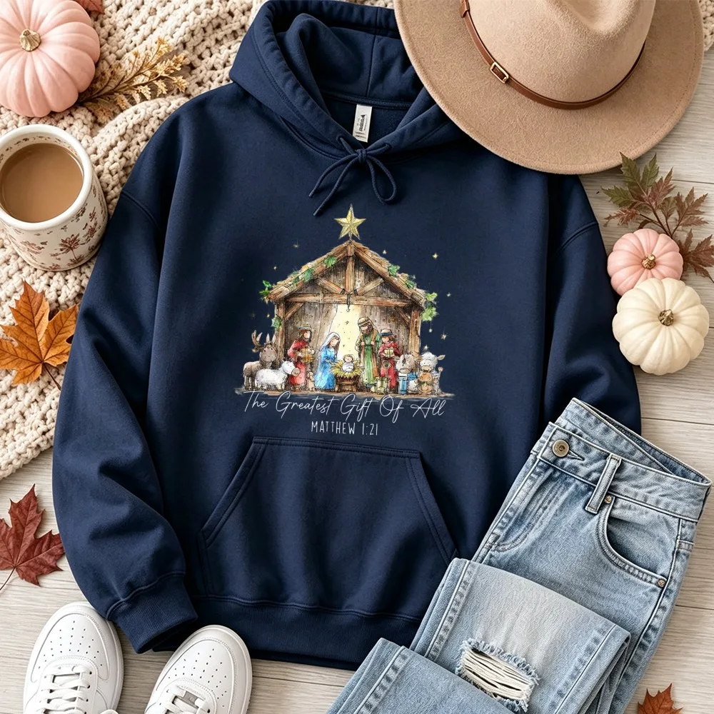 The Greatest Gift of All Nativity Scene Graphic Pullover Sweatshirt Bible Verse Star Manger Print Religious Christmas Winter Top