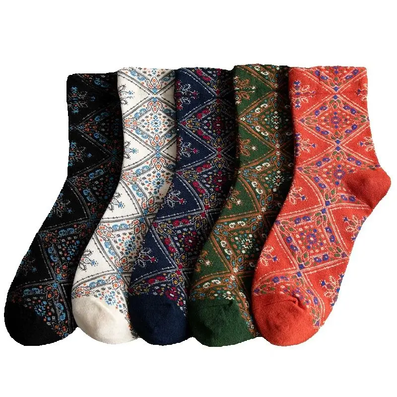 

5 Pairs Autumn Winter Retro Rhombus Floral Ethnic Style Fashion Middle Tube Cotton Women Socks Set
