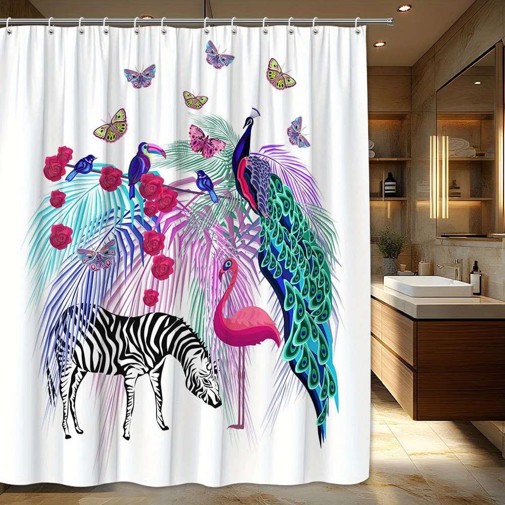 

1 шт. занавеска для душа с тропическими животными с павлином, зеброй, фламинго, разноцветными бабочками и розами - химерный фантазийный дизайн,