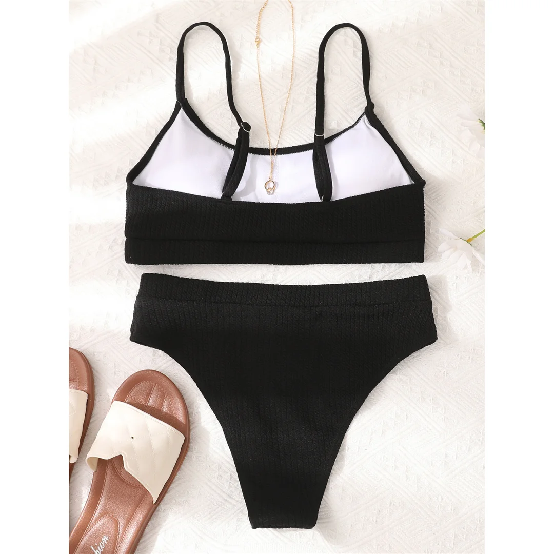 S - XL, 7 Farben, gerippter Damen-Badeanzug, Bikini mit hoher Taille, zweiteiliges Bikini-Set, Badebekleidung, Badeanzug, Modell V3316. – Detail 10