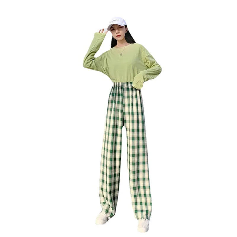 Summer Fashionable Suit For Women Black And White Light Green Pink Blue Long Ankle-Length Trousers With Plaid Wide Leg Pants