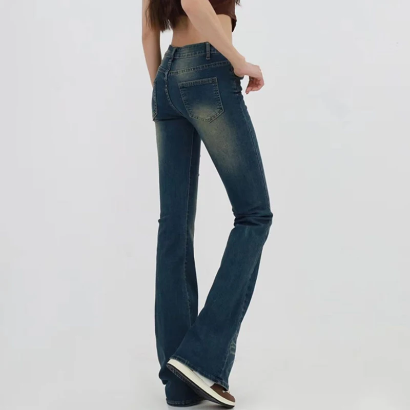 Vintage americano baixo aumento queimado jeans rebite studs angustiado lavado denim calças bootcut magro y2k harajuku rua denim calças