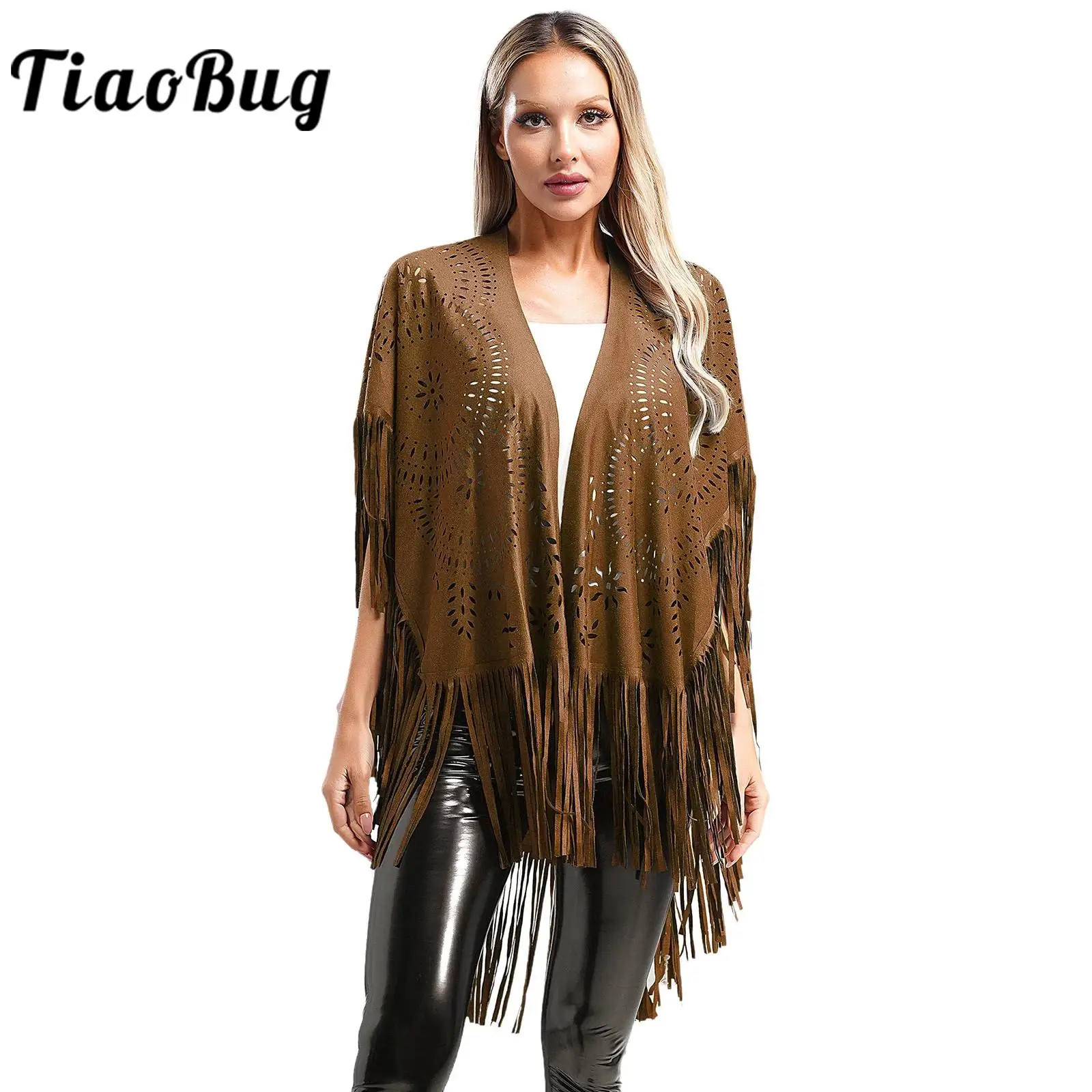 Womens Bridal Shawls Wraps Hollow Out Faux Suede Fringed Cape Vintage Open Front Asymmetrical Tassel Cloak Party Evening Shawl