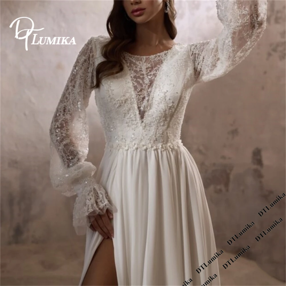 

DTLumika Customized Women's Sequined Lace Wedding Dress with Full Lantern Sleeves, A Line Long Bride Dresses 2026 Sweep Train