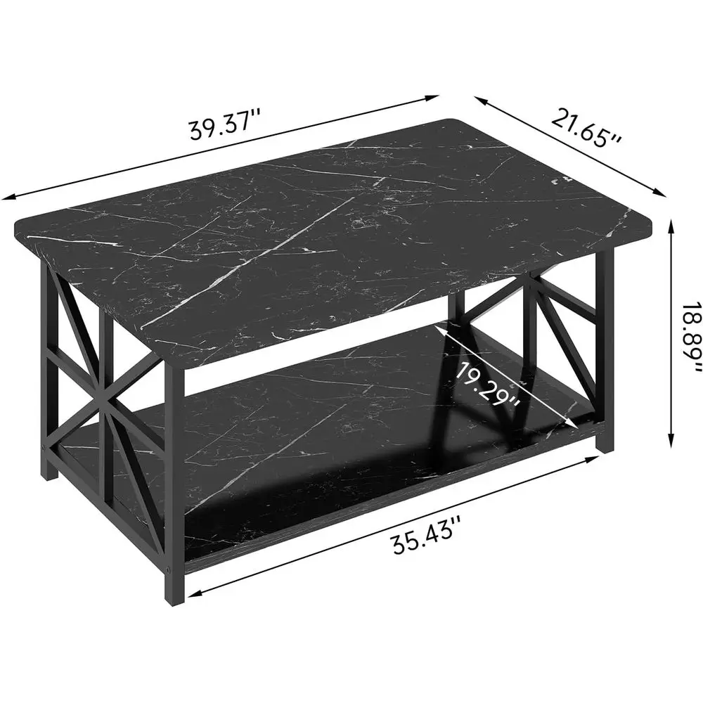 Modern Rectangular 2-Tier Coffee Table with Storage, Faux Marble Top, Black Frame for Living Room