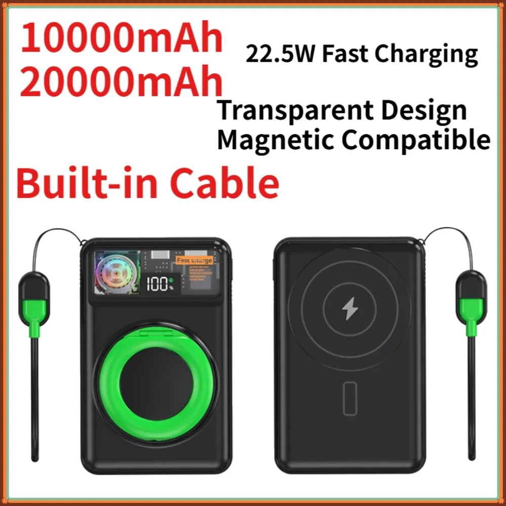 Ultra Thin Magnetic Power Bank 10000mAh Built-in Cable Transparent 22.5W Fast Charging Magsafe for iPhone 15 14 13 Pro Max