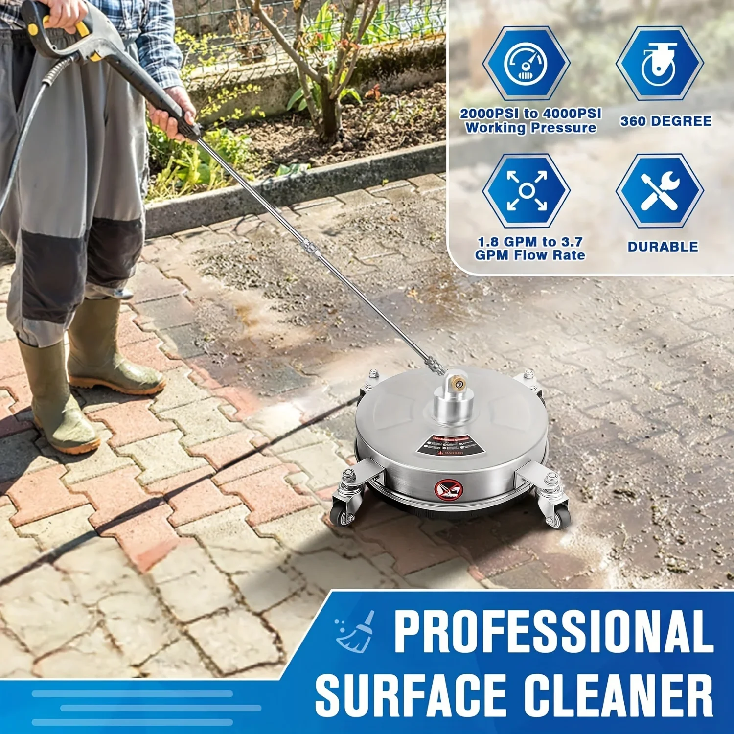 4000 PSI 1 Set Pressure Washer Cleaner with Stainless Steel, 4 Wheels, and 2pcs Extension Rods for Driveways Sidewalks Pathway