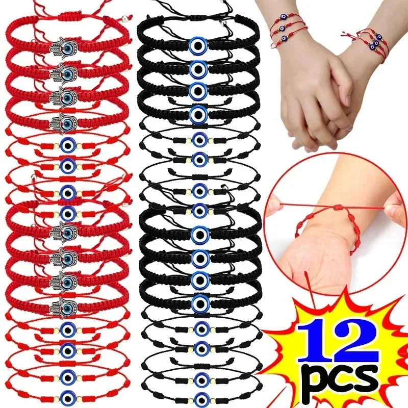 6/12pcs Evil Devil's Eye Bracelets Lucky Handmade Red Rope Adjustable Braided String Couple Girl Bangle Family Friend Blessings