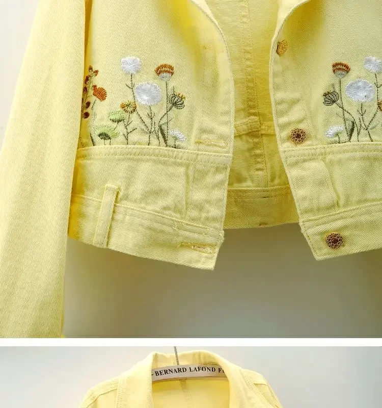 Lente nieuwe dames Franse gele geborduurde denim jas met lange mouwen Hoogwaardige mode casual vrouwelijke korte jas