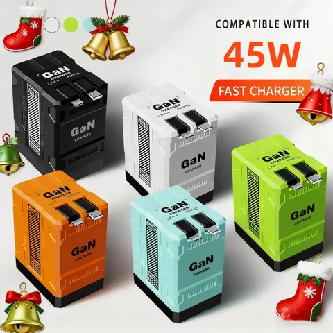 GaN 45W Fast Wall Charger with Type-C Output Port, 31.5inch/32-inch Retractable Cable, Portable Foldable Plug, Dual Port Max 65W Fast Charging, Durable And Kont-Free Design for Easy Use- Compatible with iOS 16/15/14 Pro Max, S25/S24 Ultra