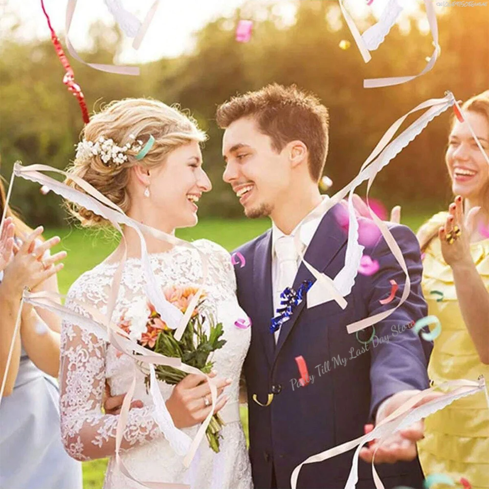 White Ribbon Wands for Wedding, Fairy Sticks, Twirling Lace Streamers with Golden Silver Bell, Party Cheering ，Favor for Wedding