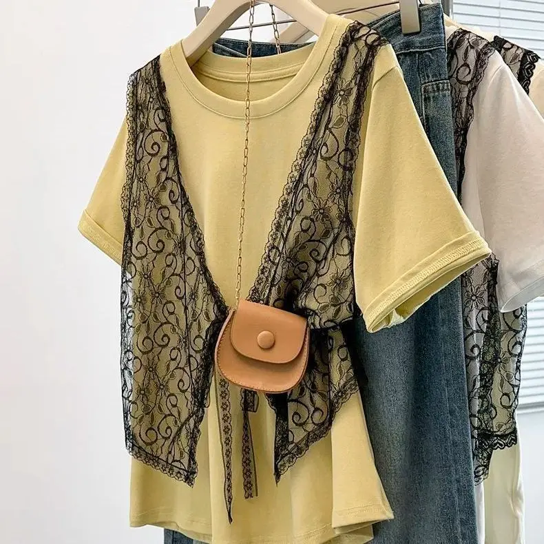 Large Size Women's Clothing Summer New Loose And Thin Meat-covering Design Lace Splicing Two-piece Short-sleeved T-shirt