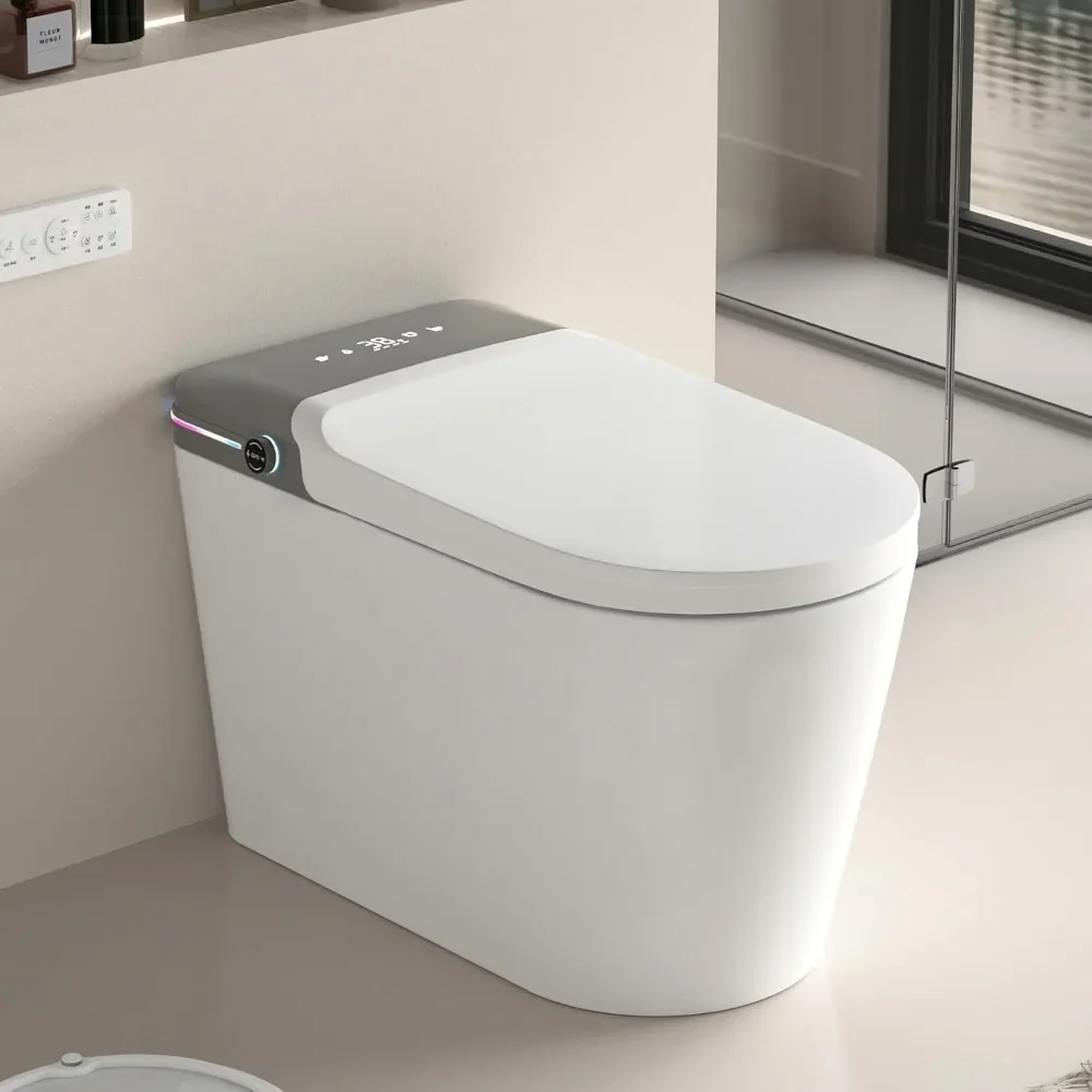 Smart Bidet Toilet with Remote Control，LED Display Aromatherapy System Warm Water & Dry Off Seat Flush Foot Sensor，Smart Toilet