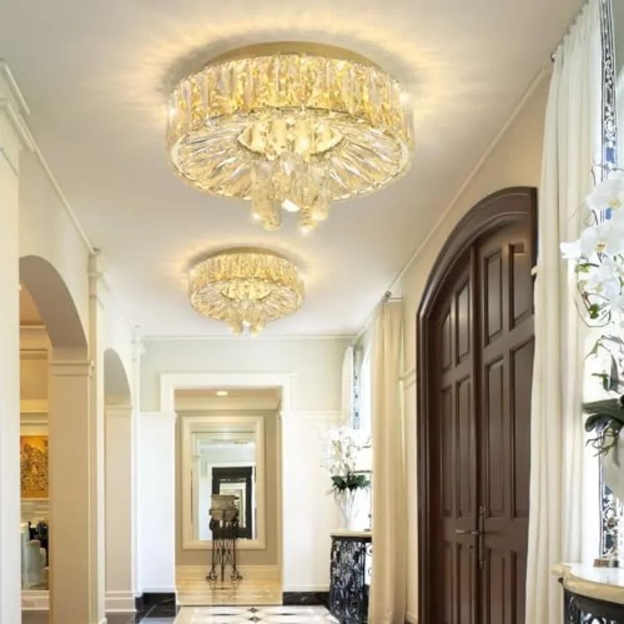 

Modern crystal mini chandelier for hallway, LED flush mount ceiling light, dimmable, clear crystal, silver finish, elegant ambi