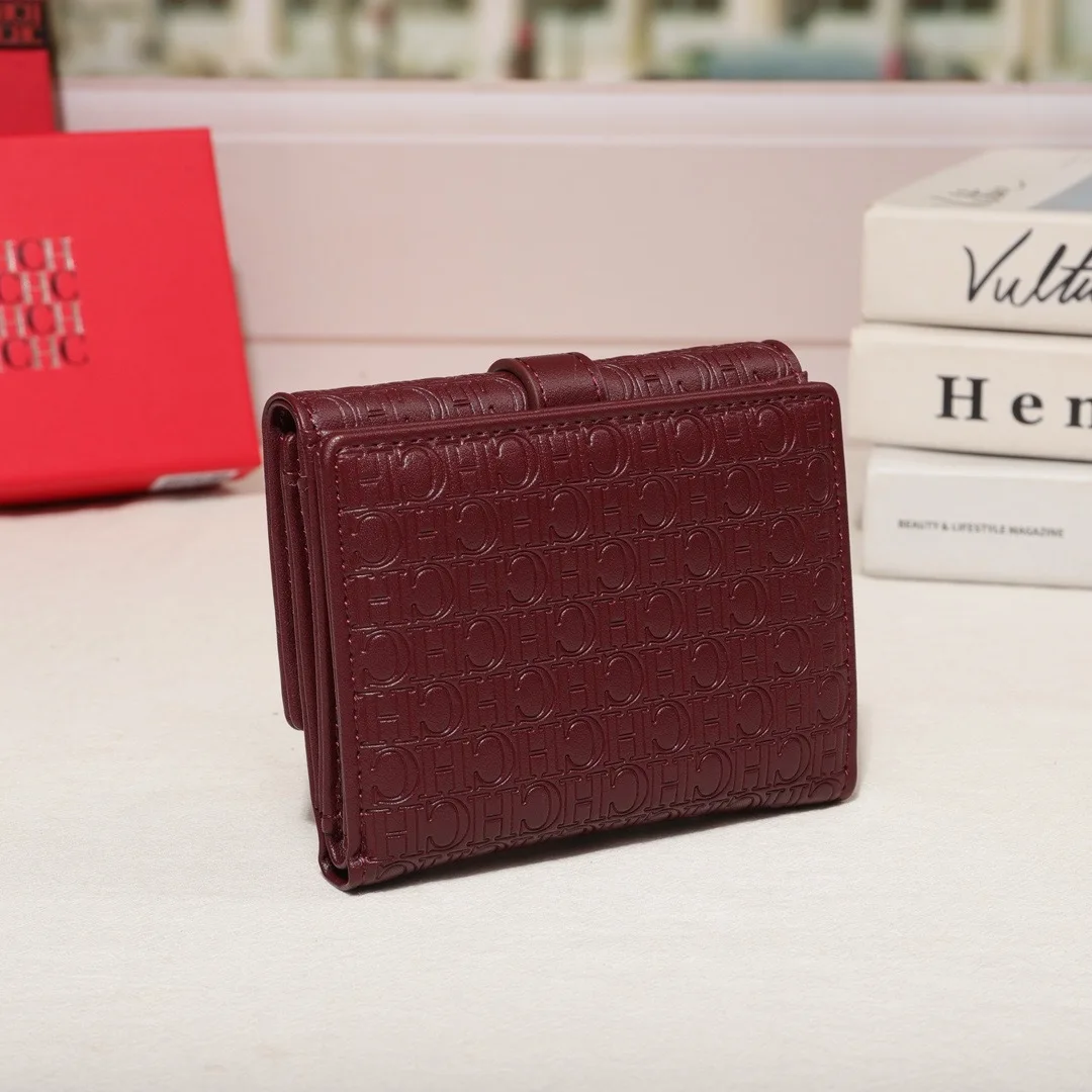 CH Embossed Logo Women Short Wallet Burgundy PU Leather Metal Lock Multi Card Slots Mini Coin Purse With Gift Box