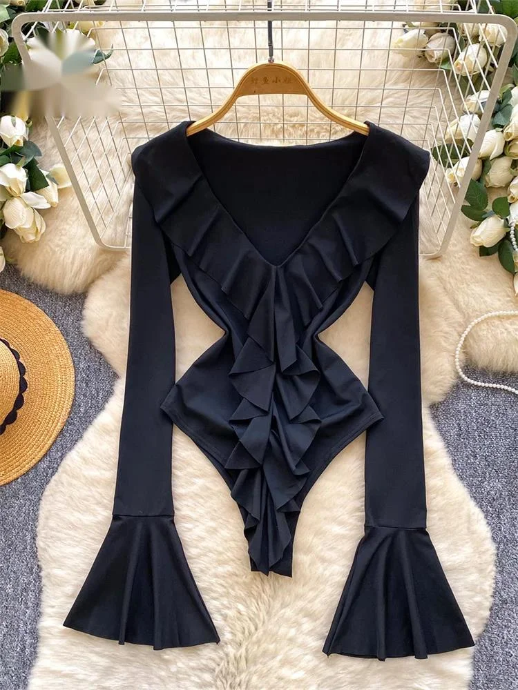 

Ruffle Workwear Classy Bodysuits V Neck Flared Sleeve Slim Open Crotch Playsuits French Feminine Court Sensual Rompers