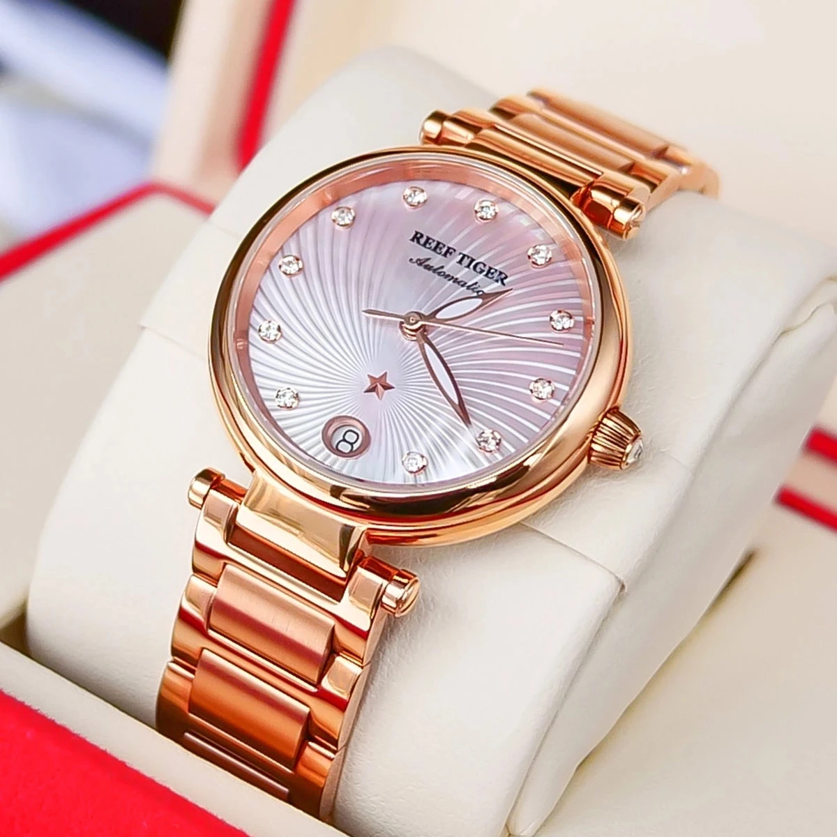 Reef Tiger/RT Top Brand Luxury Automatic Mechanical Women Watch Rose Gold Case Diamond Dial Bracelet Ladies Watches Date Clock