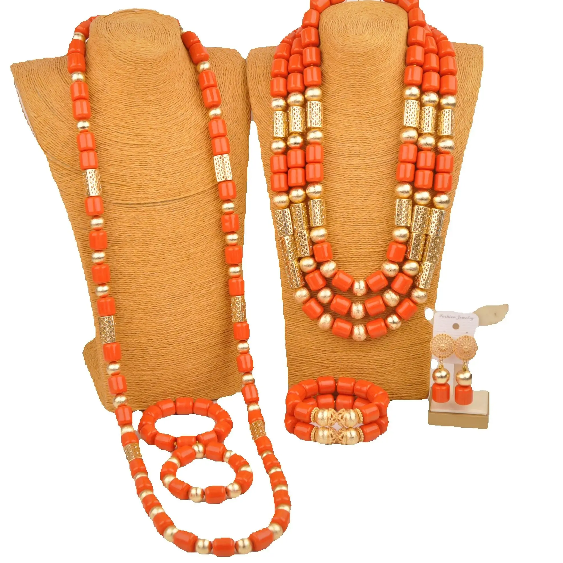 

Orange Artificial Coral Beaded Necklace Sets, Nigerian Wedding Couple Jewelry