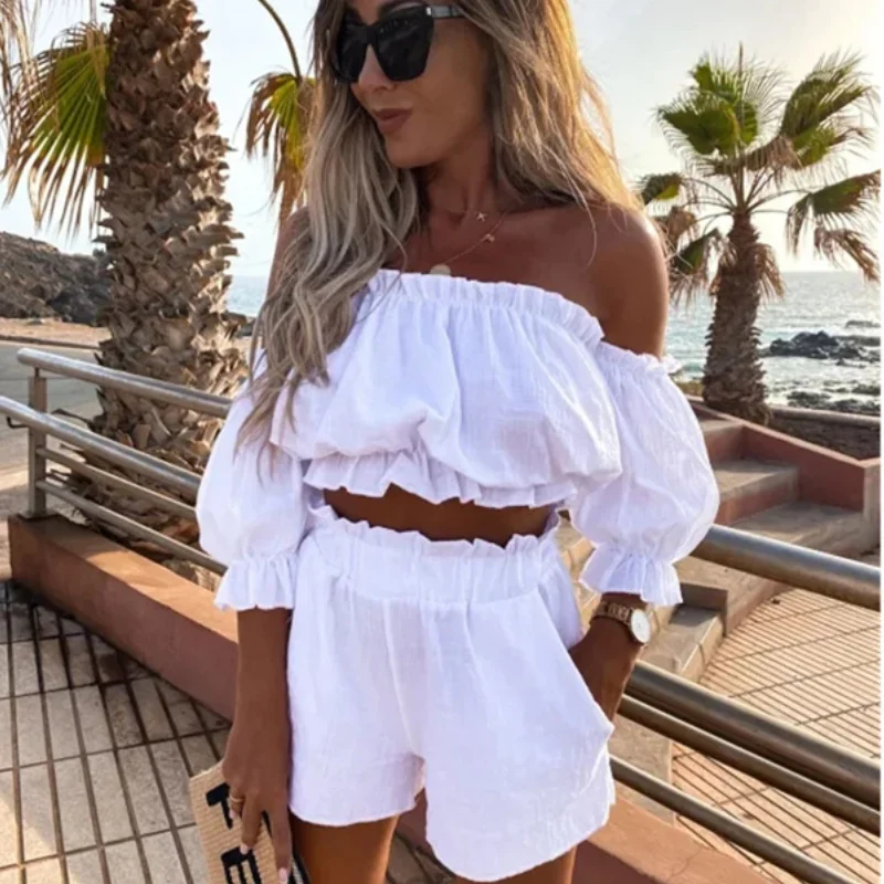 2024 Summer Women's Casual Short-Sleeve Suit One-Word Collar Lantern Sleeve Pocket Suit Female Top Shorts Elegant Two Pieces Set