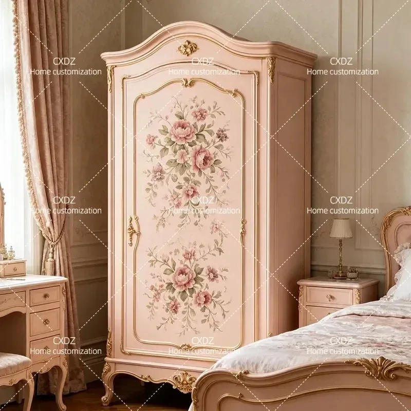 French Retro Solid Wood Wardrobe Antique Pink Painted Flower Single Door Large Capacity Carved Locker