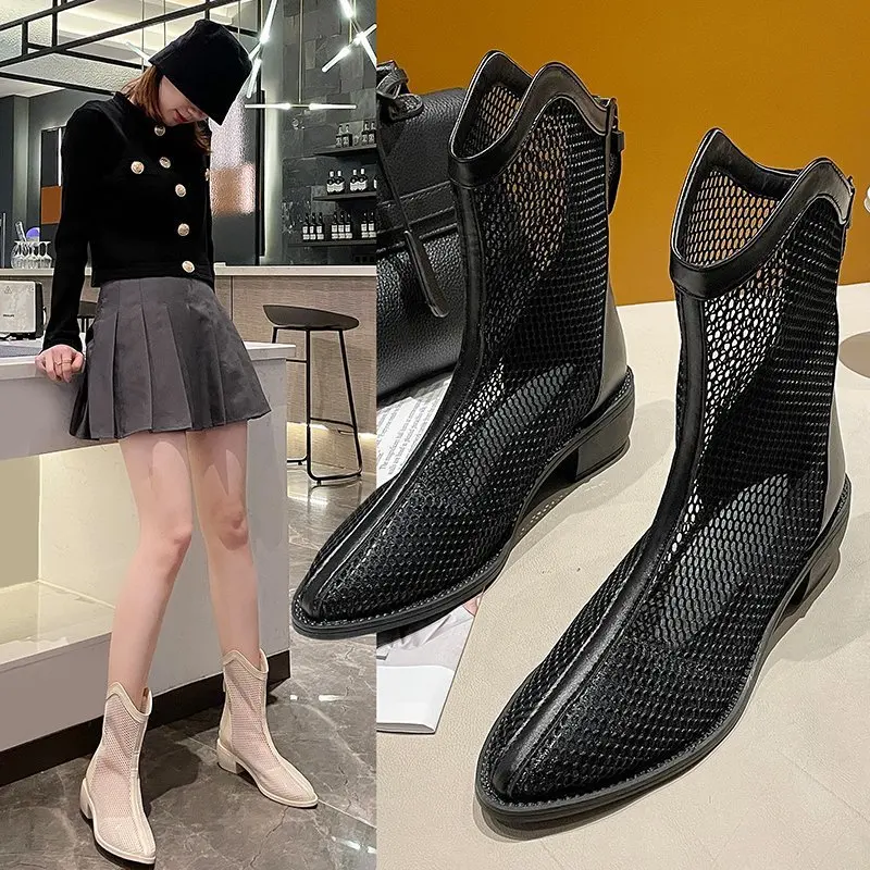 Summer Shoes Women Boots Breathable Ladies Mesh Shoes Summer Women Footwear Zipper Black White Ankle Botas56bn