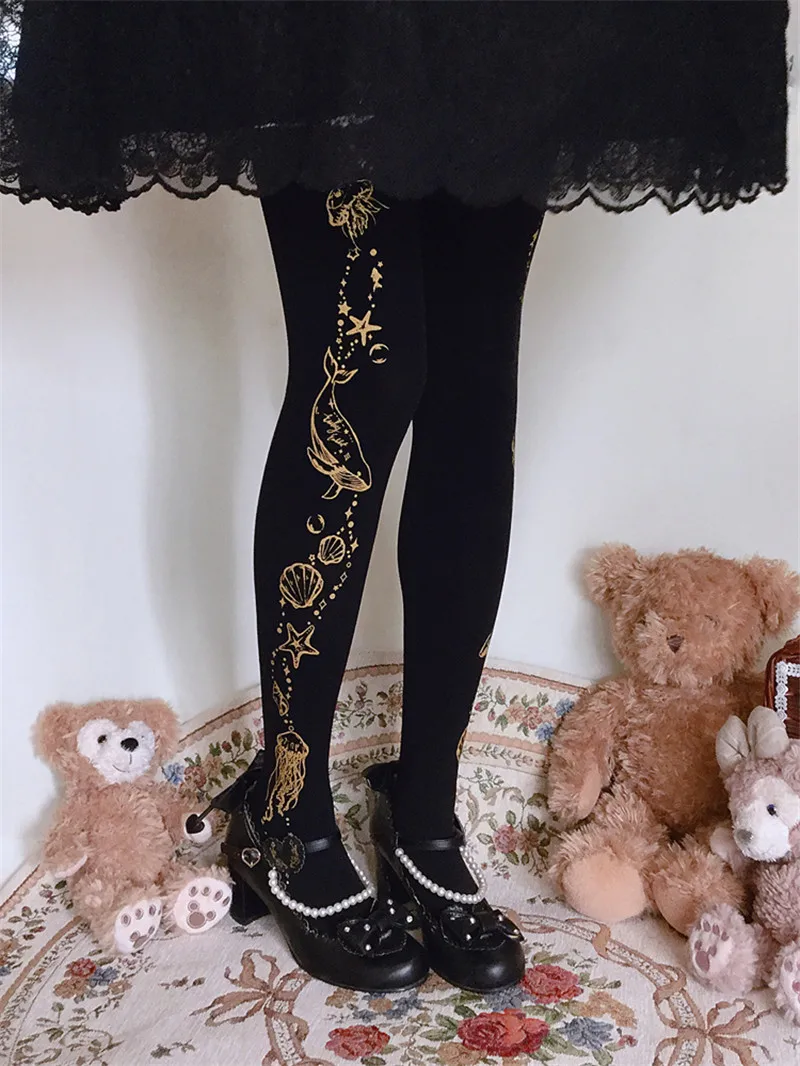 

Velvet 120D Women Pantyhose Ocean and Whale Print Lolita Tights