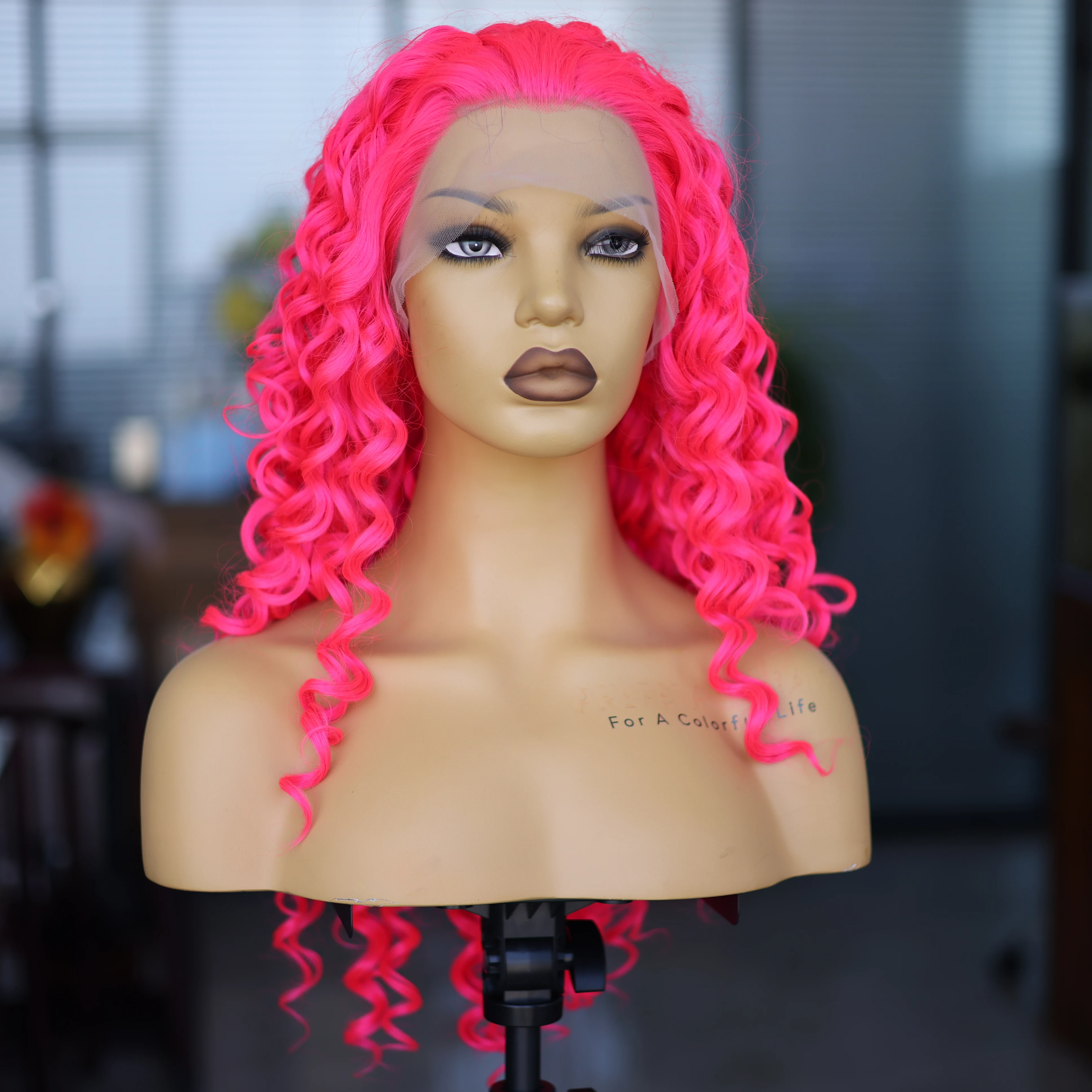 Pink Red Synthetic Long Wig Cosplay Party Concert Hand Hook Front Lace Curly Wig No Free Natural Hallline Hair Fluffy Breathable