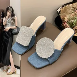 New Summer Round Rhinestone Linen Woven Sandals for Women's Shoes Block Heels shoes for women