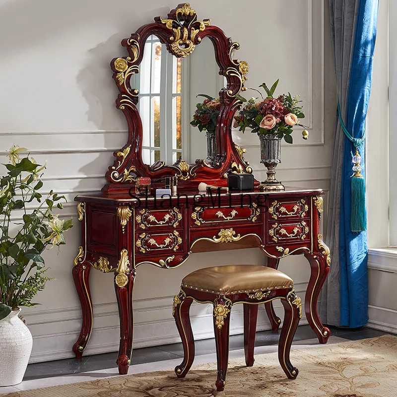 

CL New Classical Dressing Table Bedroom Red Sandalwood Solid Wood DressingLuxury Makeup Table Makeup Mirror Makeup Stool Set