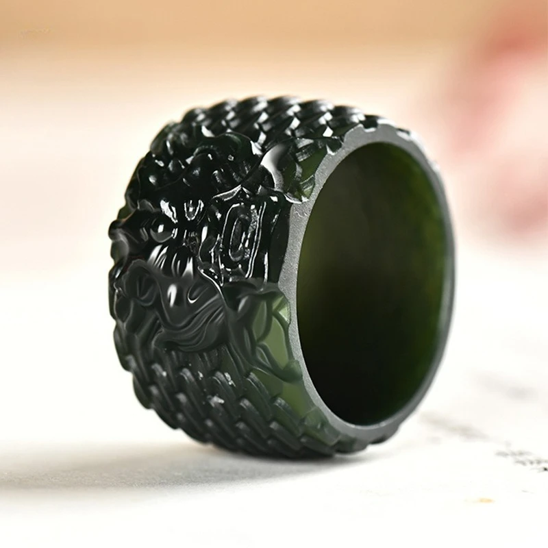 Natural Xinjiang Hetian Cyan Jade Dragon Head Ring Men's Domineering Personality Fashionable Accessories Holiday Party Gift