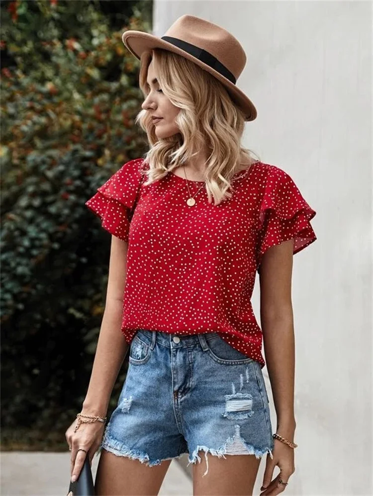 Spring and summer fashion casual ladies short-sleeved digital printing dots red lotus leaf patchwork t-shirt